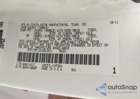 2012 Toyota Tundra Grade 5.7L V8 из США, поврежденный, VIN 5TFCY5F12CX012911